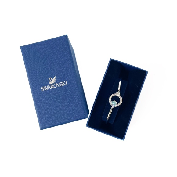 Swarovski Geometric Bangle Bracelet, Rhodium Tone, Crystal Cube Jewelry - Picture 3 of 7